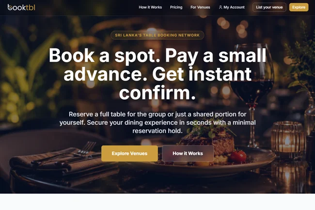 BookTbl home page screen for finding and booking restaurants