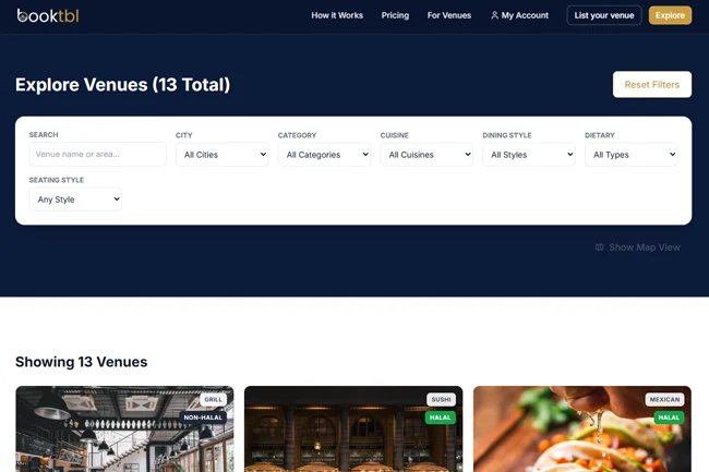BookTbl venue discovery and search page