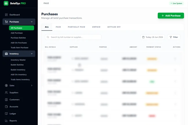 BetelPro purchase dashboard screen