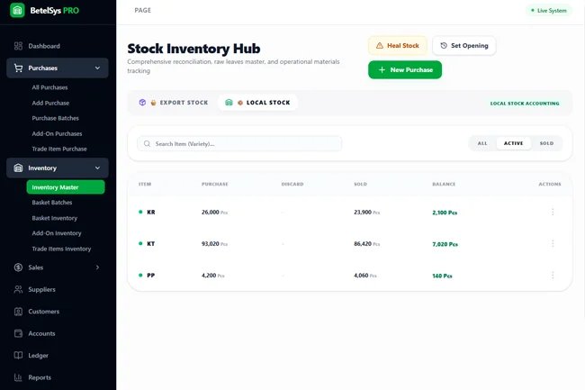 BetelPro stock inventory hub screen