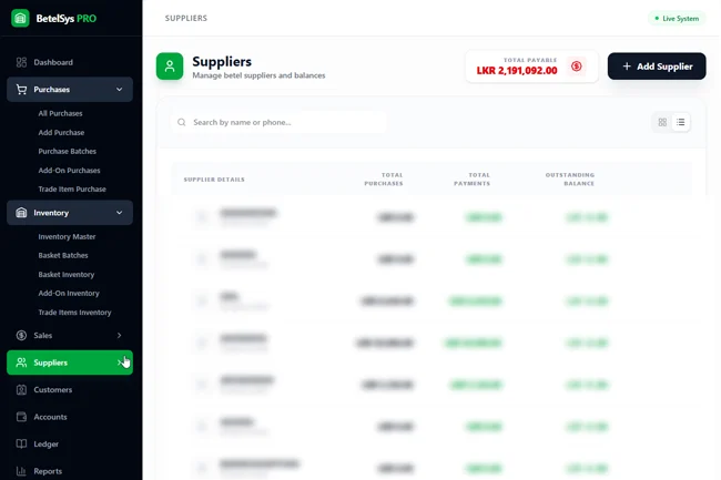 BetelPro suppliers dashboard screen